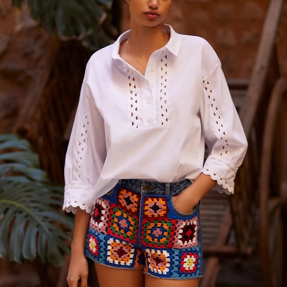 Farm Rio Ultra High-Rise CrochetDenim Shorts